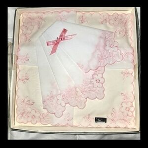 Antique Christian Doir Pink White Embroidery Handkerchief Set